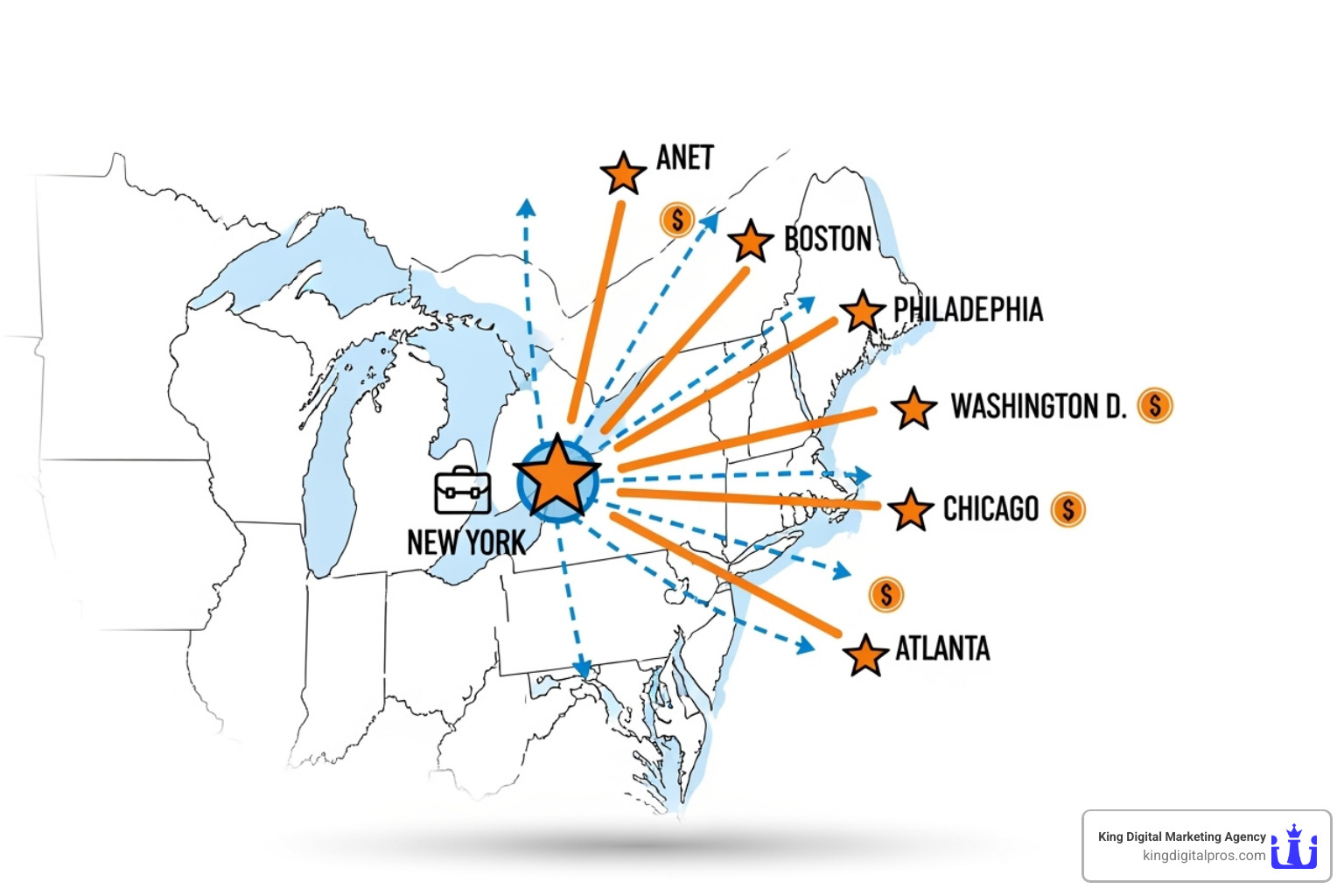 Map showing a business expanding from a single location to multiple new locations across a region - Grow local business