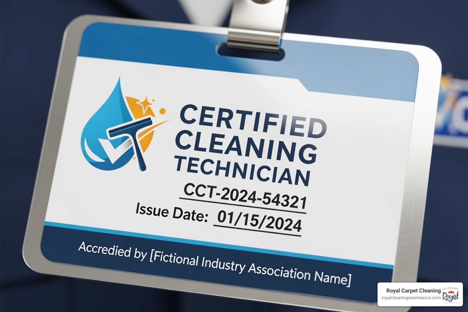 A close-up image of a certified cleaning technician's badge, possibly from an organization like IICRC, signifying professional training and adherence to industry standards. - rug dry cleaning near me