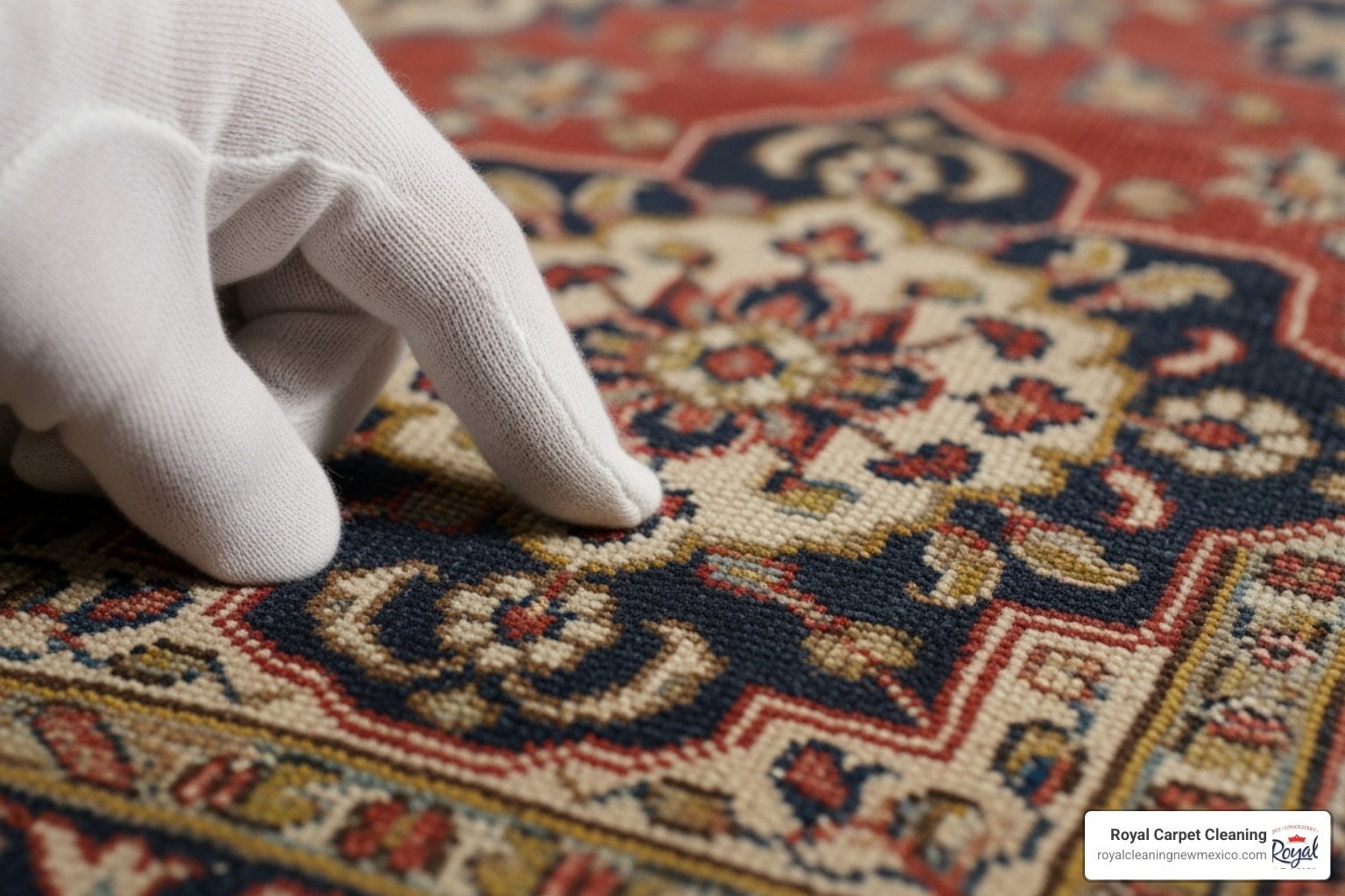 A close-up image of a delicate antique Persian rug being carefully inspected by a gloved hand, highlighting its intricate patterns and aged fibers. - rug dry cleaning near me