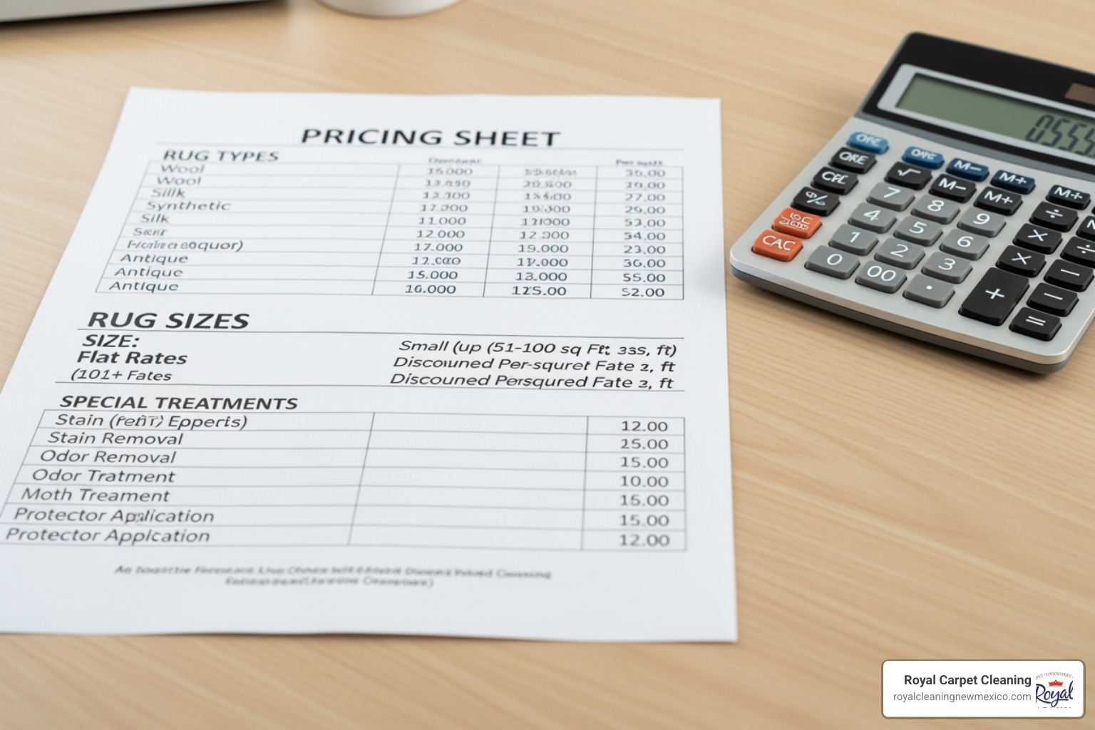 A detailed image of a pricing sheet for rug cleaning services, showing line items for different rug types, sizes, and special treatments, with a calculator nearby. - rug dry cleaning near me