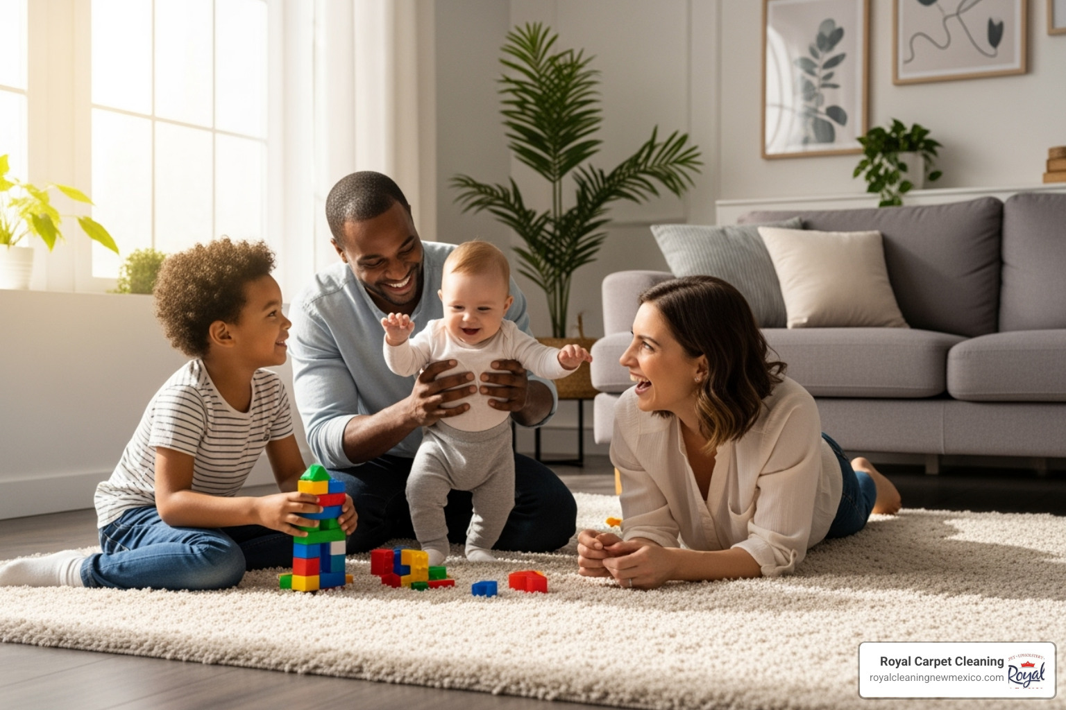 A heartwarming image of a family, including a baby, happily playing on a pristine, clean rug in a bright, sunlit living room. - rug dry cleaning near me