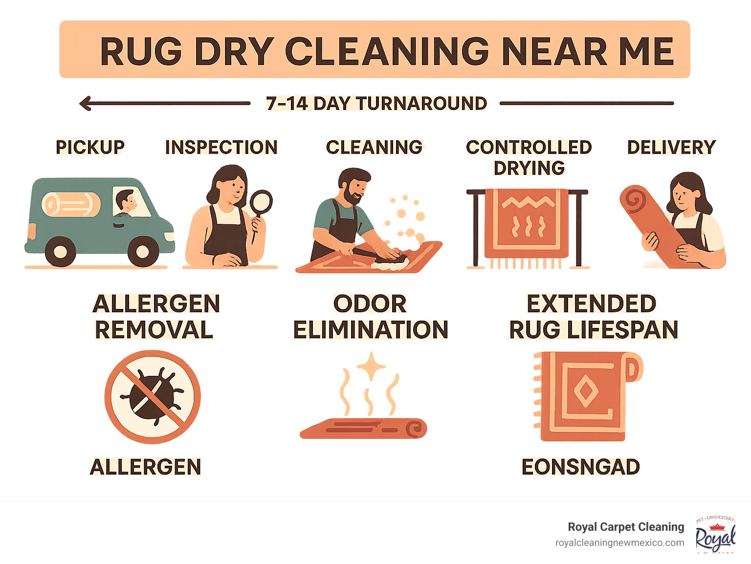 Comprehensive infographic showing the complete rug dry cleaning process from pickup to delivery, including inspection, dusting, cleaning methods, controlled drying, and quality assurance steps, with timeline showing 7-14 day turnaround and benefits like allergen removal, odor elimination, and extended rug lifespan - rug dry cleaning near me infographic 