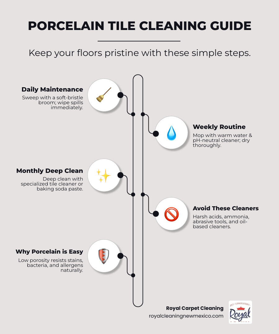 Comprehensive porcelain tile cleaning process infographic showing daily sweeping, weekly mopping with pH-neutral cleaner, monthly deep cleaning steps, and a list of safe versus harmful cleaning products with visual icons - Porcelain tile cleaning infographic infographic-line-5-steps-neat_beige