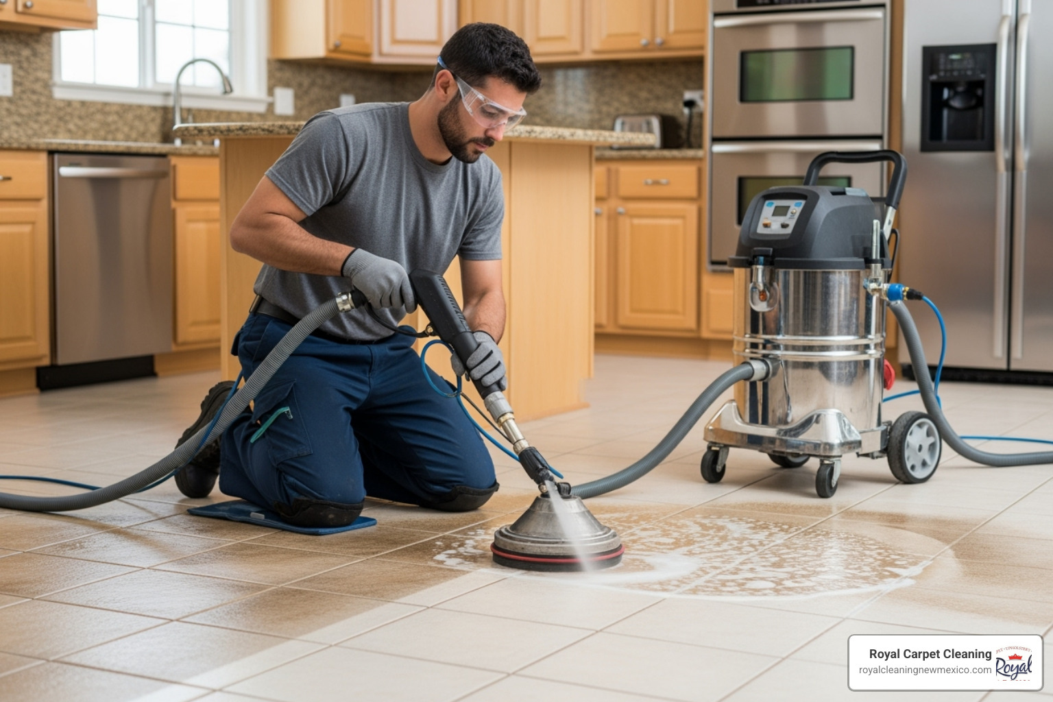 professional technician cleaning a tile floor - Porcelain tile cleaning