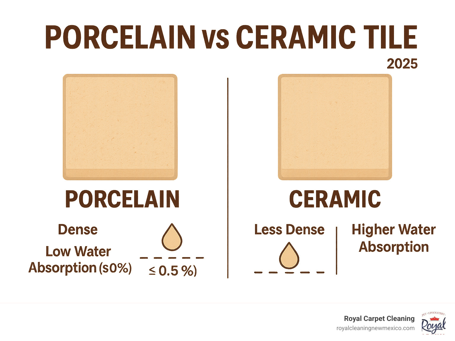 Infographic explaining the differences between porcelain and ceramic tile, highlighting porcelain's density and low water absorption rate - Porcelain tile cleaning infographic 