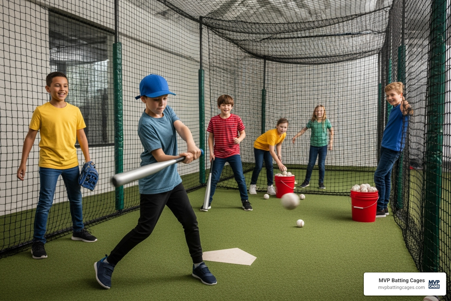 kids playing baseball in a batting cage - places to have a birthday party