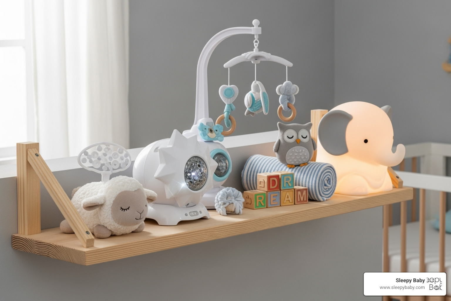 image of a collection of the top-rated sleep aid toys on a nursery shelf - best sleep aid toys for babies