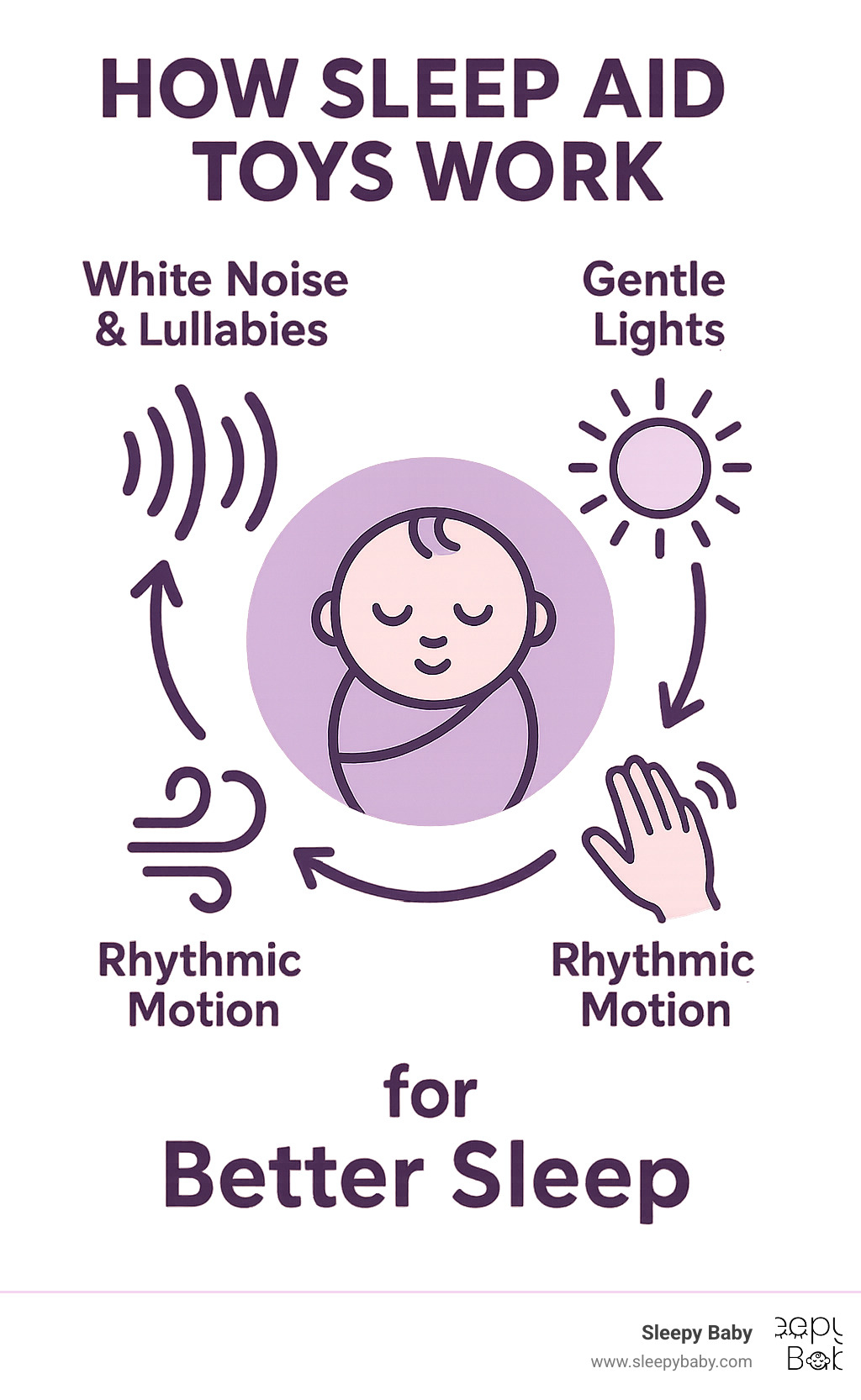 Infographic showing how different sensory features in sleep aid toys work: sound waves representing white noise and lullabies, gentle light patterns for visual comfort, rhythmic motion symbols for tapping devices, and a sleeping baby icon in the center, with arrows showing how each element contributes to better sleep - best sleep aid toys for babies infographic 