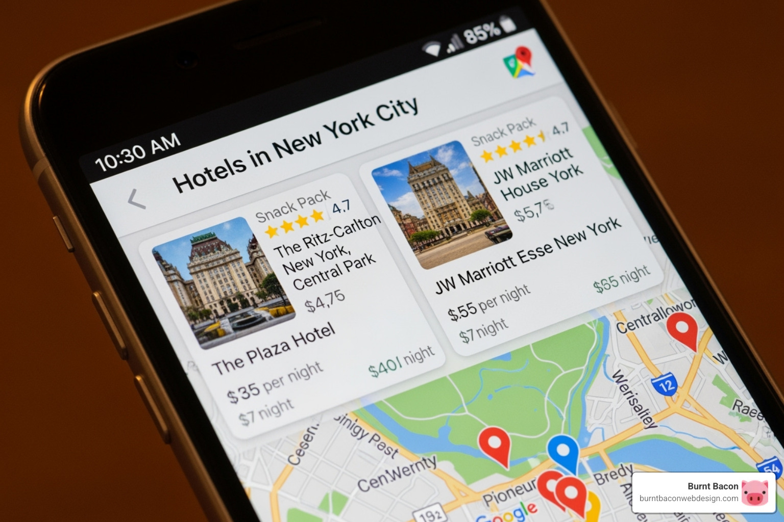 Google Maps result showing a hotel's "snack pack" listing - hotel SEO tips