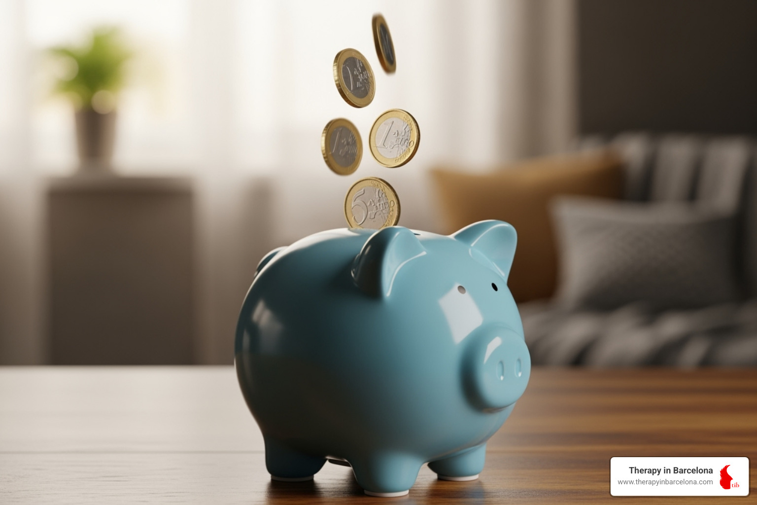 piggy bank with euro coins, symbolising an investment in wellbeing - therapy in Barcelona piggy bank with euro coins, symbolising an investment in wellbeing - therapy in Barcelona