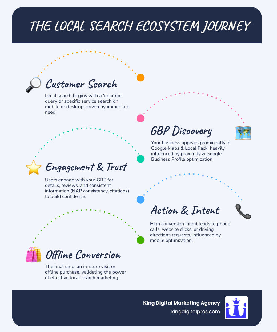 Comprehensive infographic showing the local search ecosystem from customer search query through Google Business Profile findy to final in-store purchase, including ranking factors like reviews, citations, proximity, and mobile optimization - Local search marketing expert infographic infographic-line-5-steps-blues-accent_colors