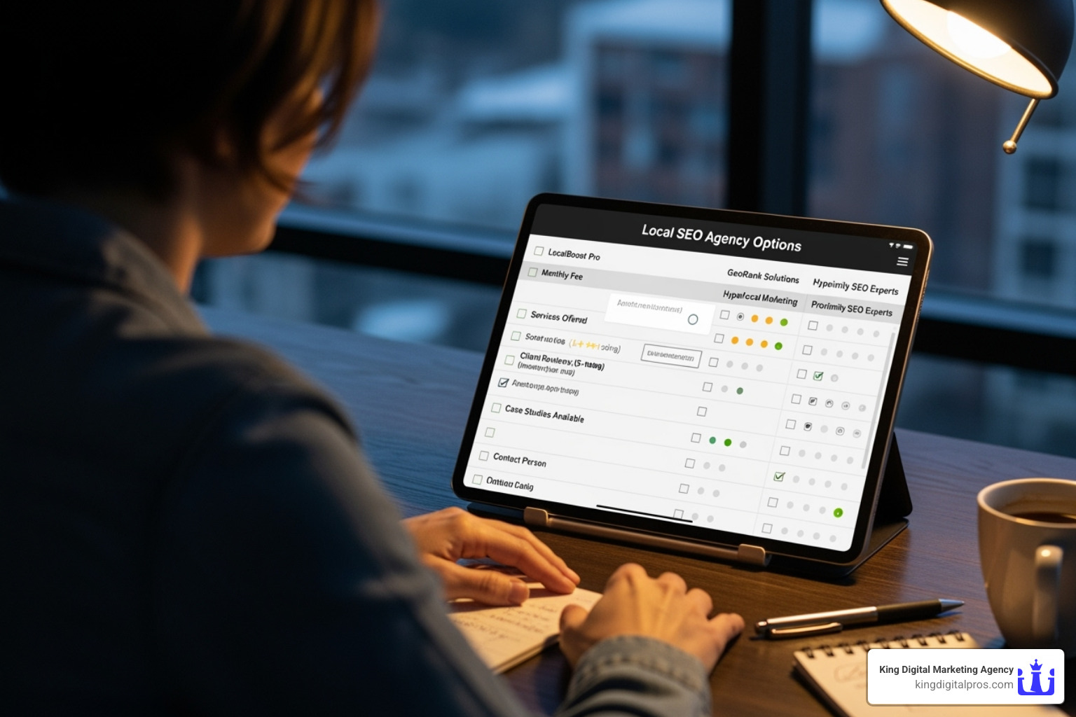Person evaluating different local SEO agency options on a tablet, with a checklist overlay - Local search marketing expert