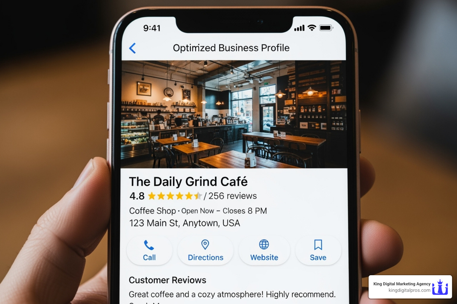 Optimized Google Business Profile on a smartphone screen showing business details, reviews, and call to action buttons - Local search marketing expert