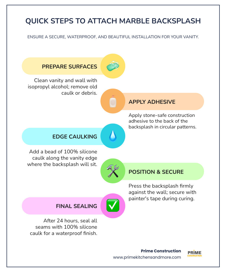 Step-by-step infographic showing four main phases: Surface Preparation with cleaning supplies, Adhesive Application with construction adhesive and silicone, Backsplash Installation with proper positioning and support, and Final Sealing with caulk application for waterproof protection - attach marble backsplash vanity infographic infographic-line-5-steps-colors