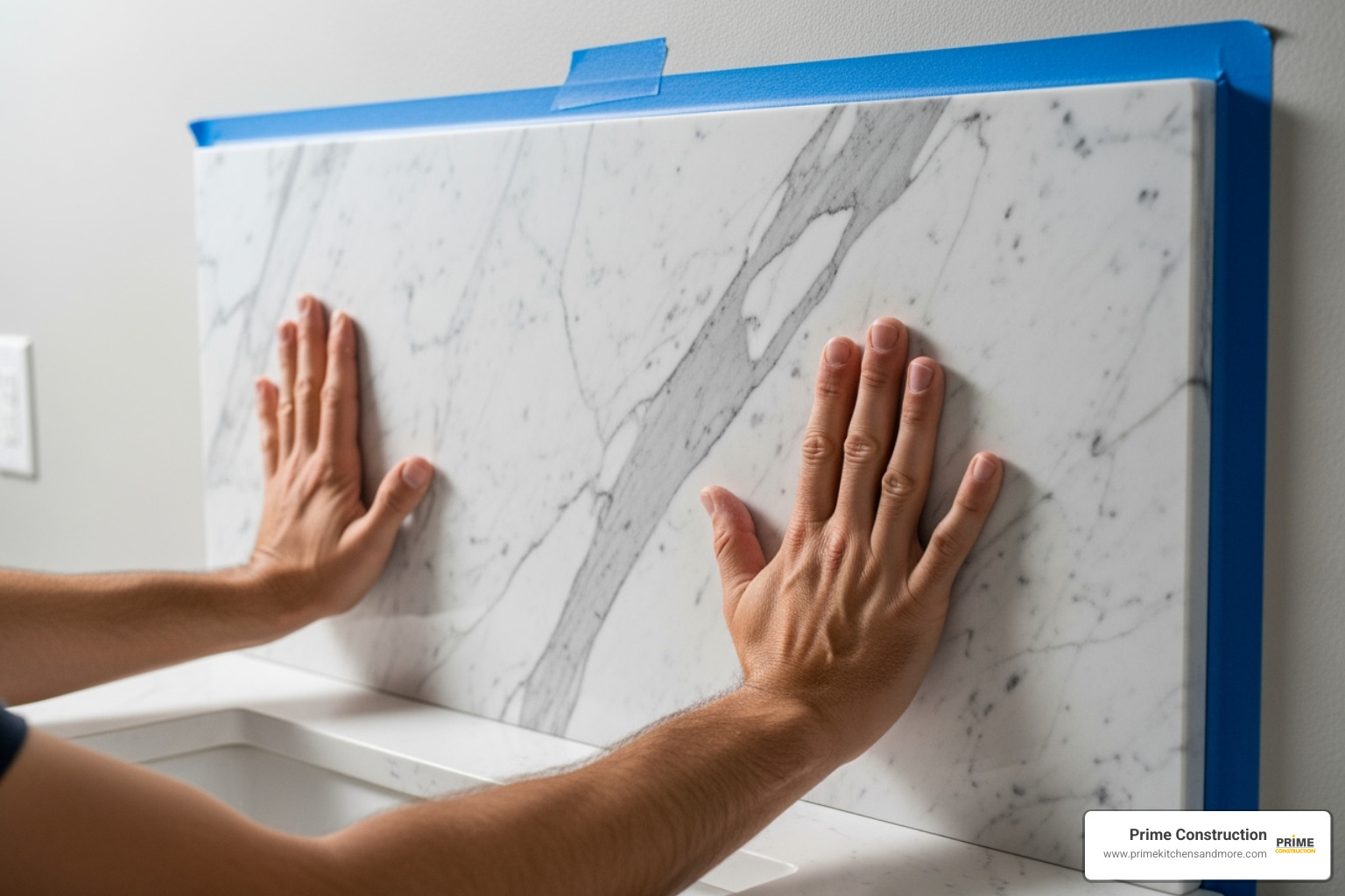 backsplash being pressed firmly against the wall with painter's tape for support - attach marble backsplash vanity