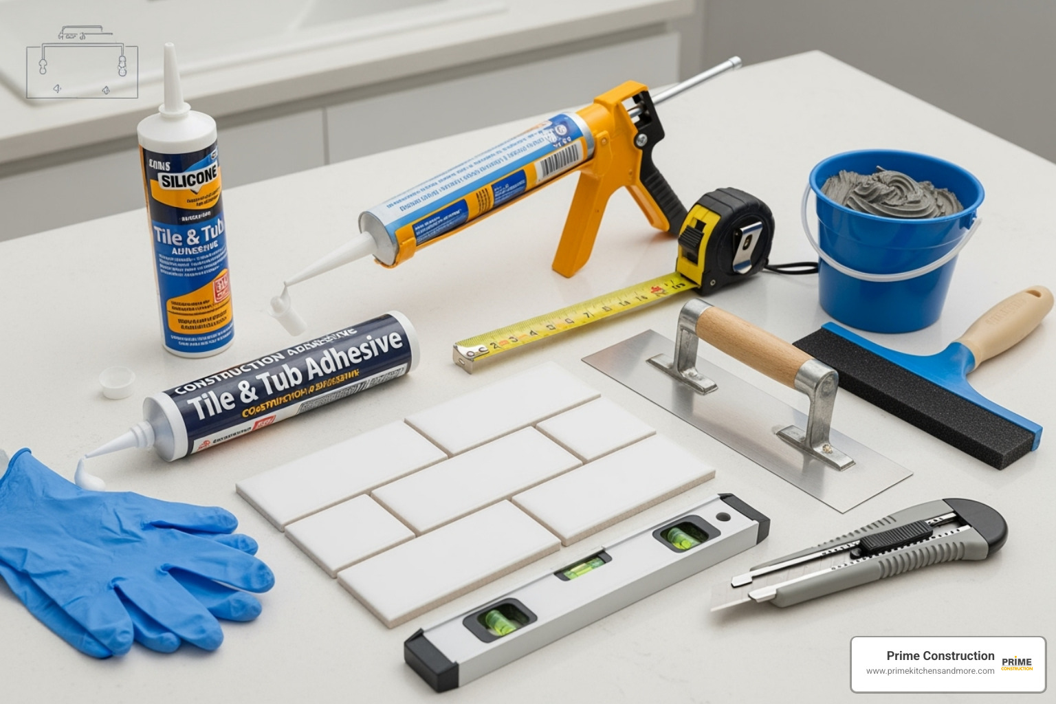 all necessary tools and materials laid out neatly - attach marble backsplash vanity