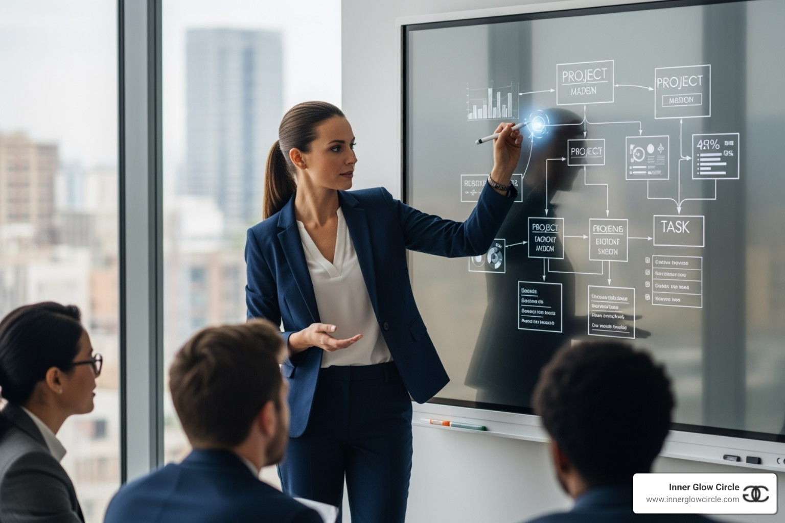 A woman leading a high-stakes project on a whiteboard - Career advancement for women