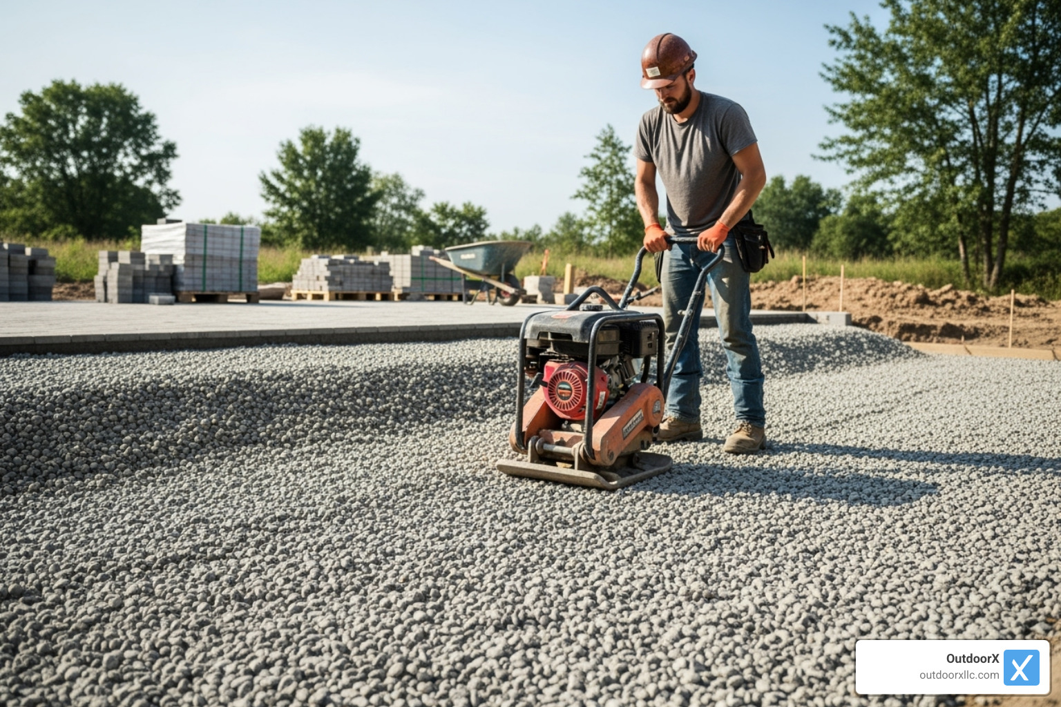plate compactor being used on a deep gravel base on a sloped area - building a paver patio on uneven ground plate compactor being used on a deep gravel base on a sloped area - building a paver patio on uneven ground