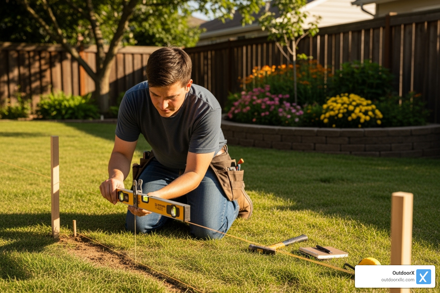 person using stakes, string line, and line level - building a paver patio on uneven ground person using stakes, string line, and line level - building a paver patio on uneven ground
