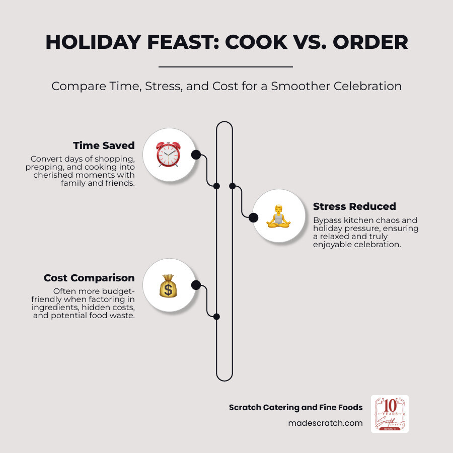 Infographic showing time comparison between cooking from scratch vs ordering prepared meals, stress levels throughout the holiday planning process, and cost breakdown of ingredients vs prepared meal packages - prepared holiday meals infographic infographic-line-3-steps-neat_beige Infographic showing time comparison between cooking from scratch vs ordering prepared meals, stress levels throughout the holiday planning process, and cost breakdown of ingredients vs prepared meal packages - prepared holiday meals infographic infographic-line-3-steps-neat_beige