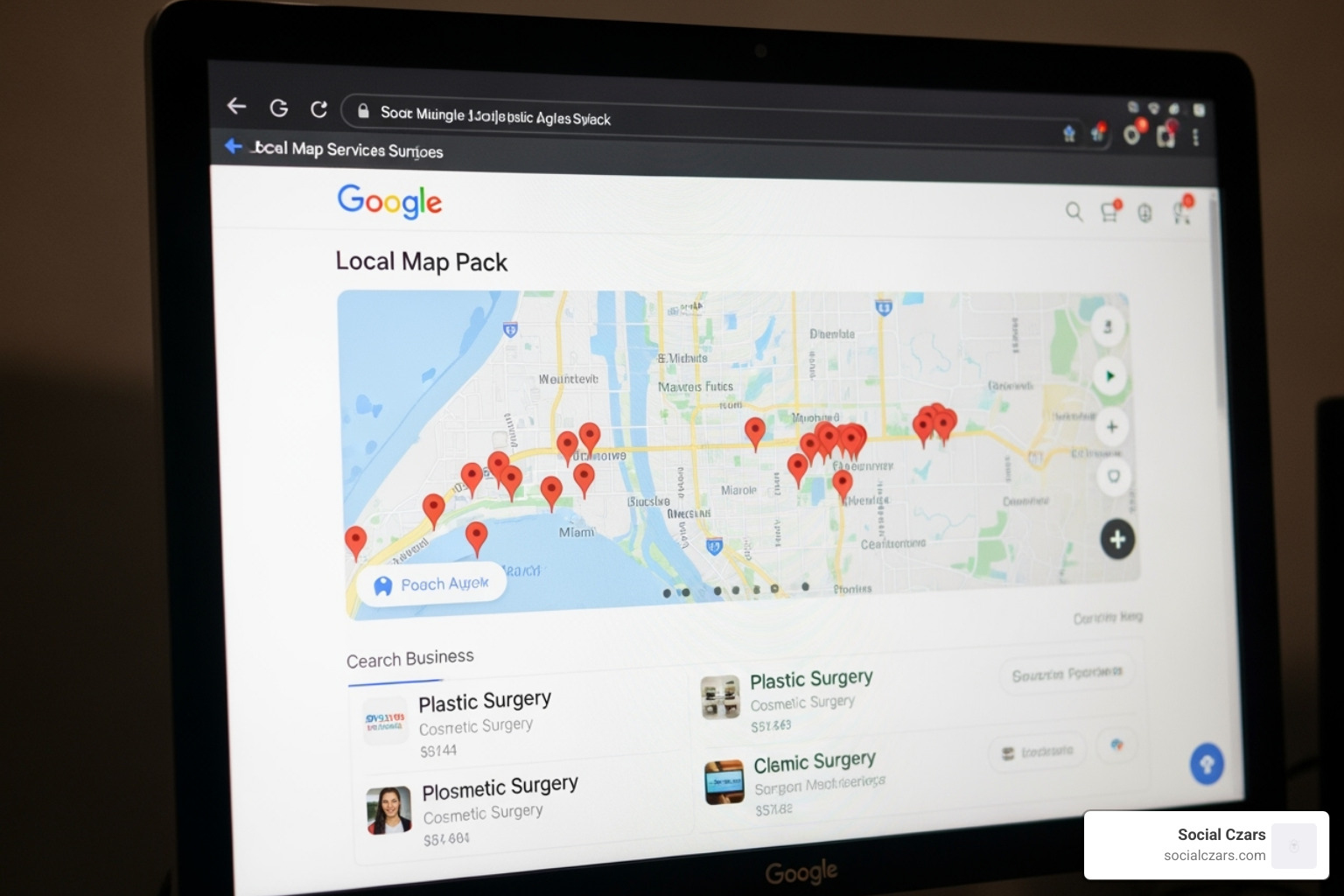 A Google search result showing the local map pack for "plastic surgeon in miami" - seo for plastic surgeons