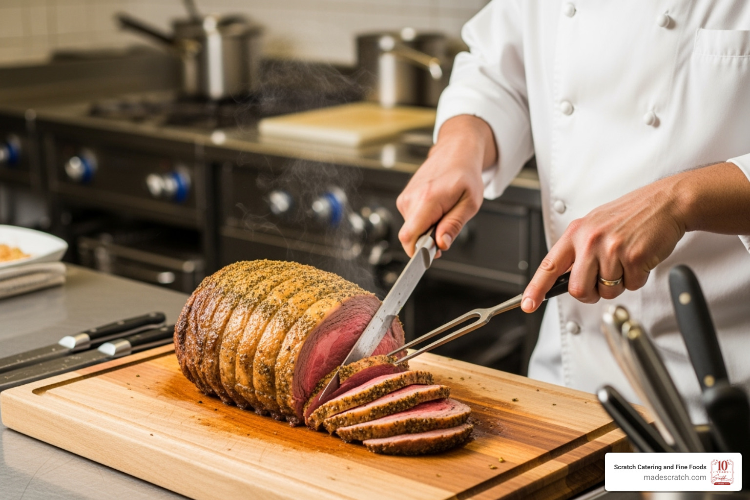 gourmet prime rib roast being carved by a Scratch Catering and Fine Foods chef - prepared holiday meals gourmet prime rib roast being carved by a Scratch Catering and Fine Foods chef - prepared holiday meals