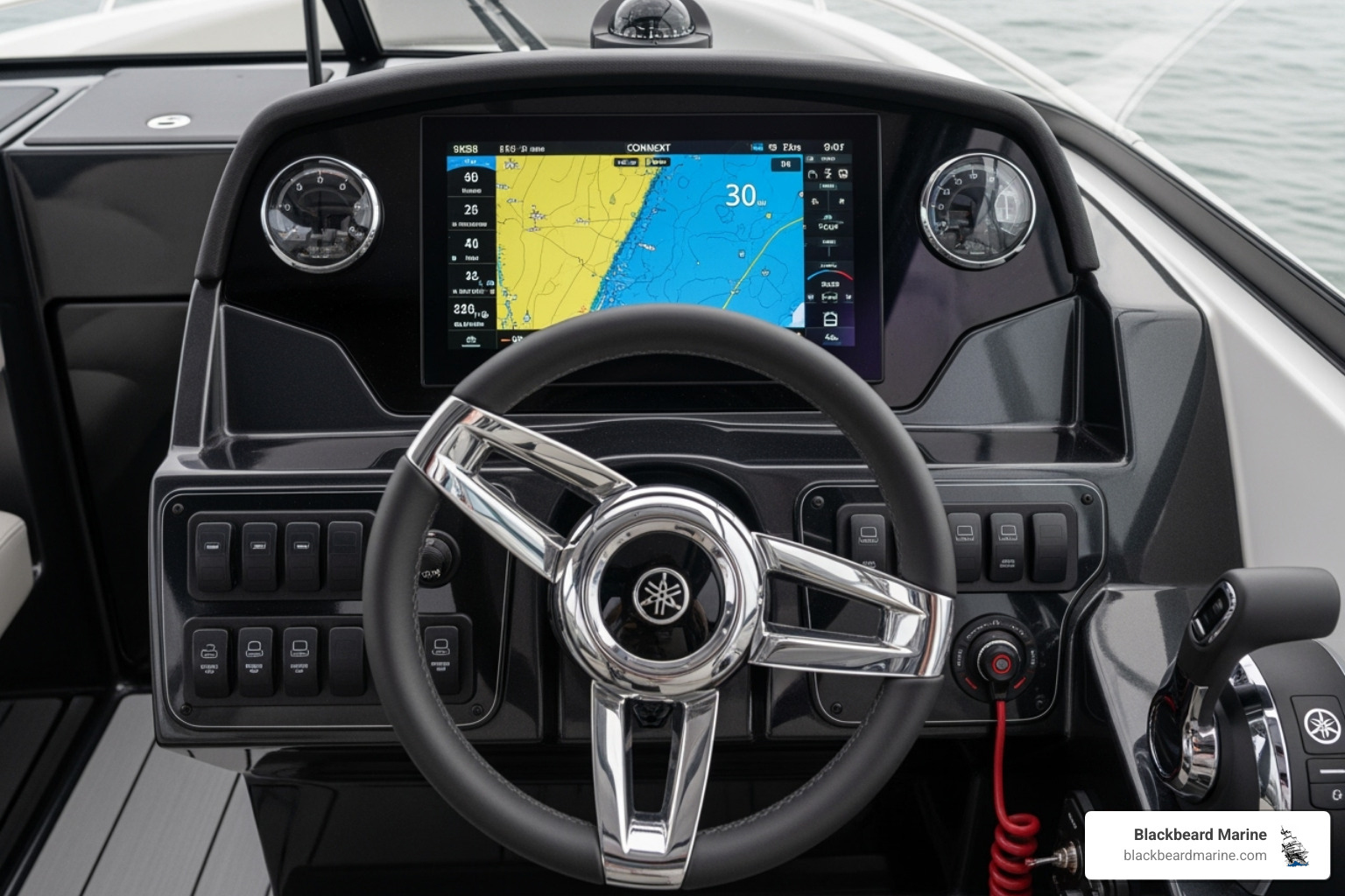 The helm and Connext screen of a Yamaha 255XD boat, showing advanced digital controls - Yamaha Boats Missouri