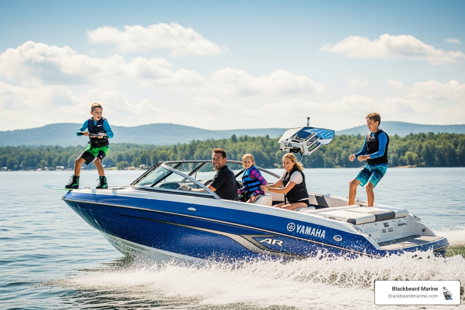 A family enjoying watersports on a Yamaha AR series boat, with a scenic lake and trees in the background - Yamaha Boats Missouri