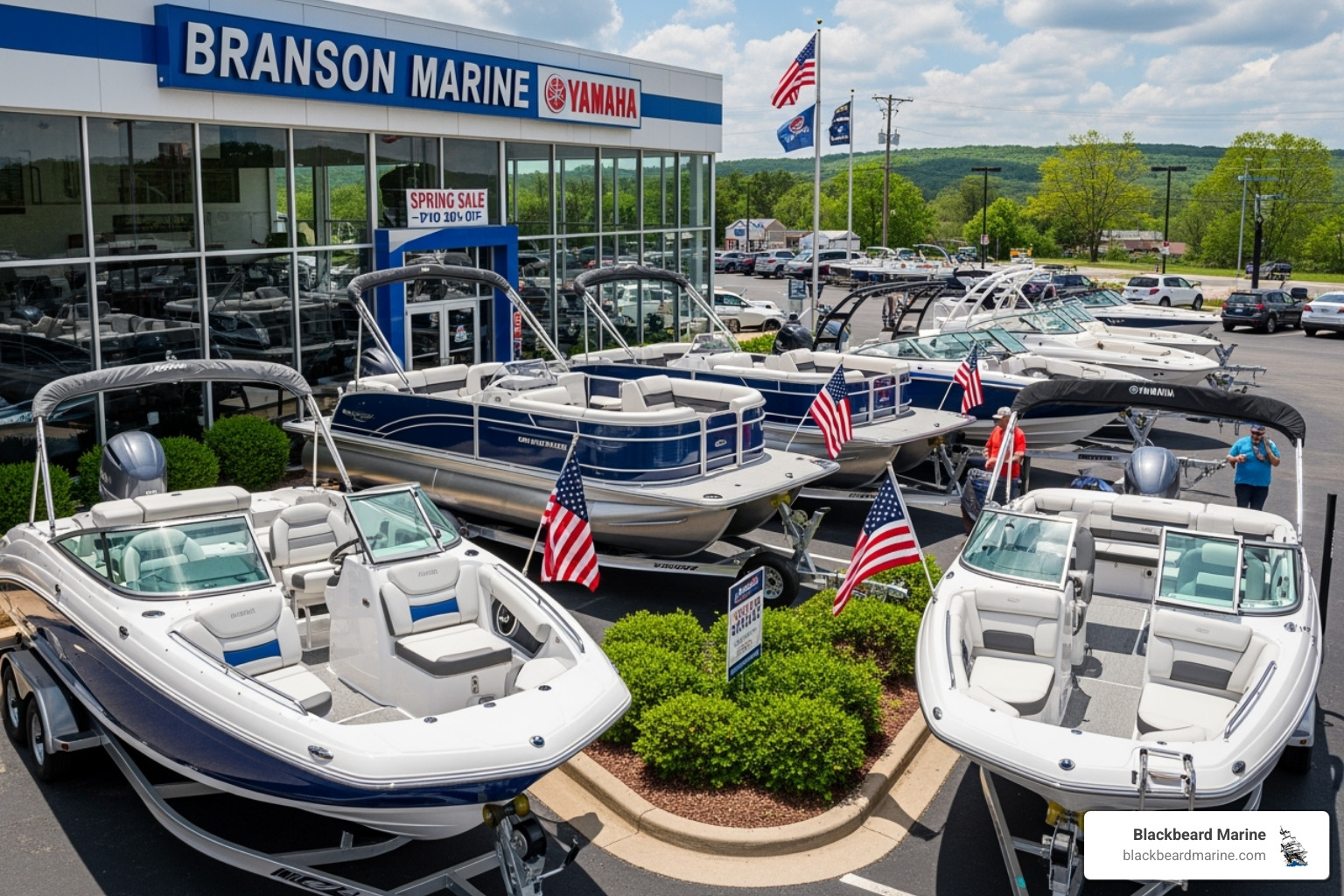 The Blackbeard Marine storefront in Branson, MO, with boats on display - Yamaha Boats Missouri