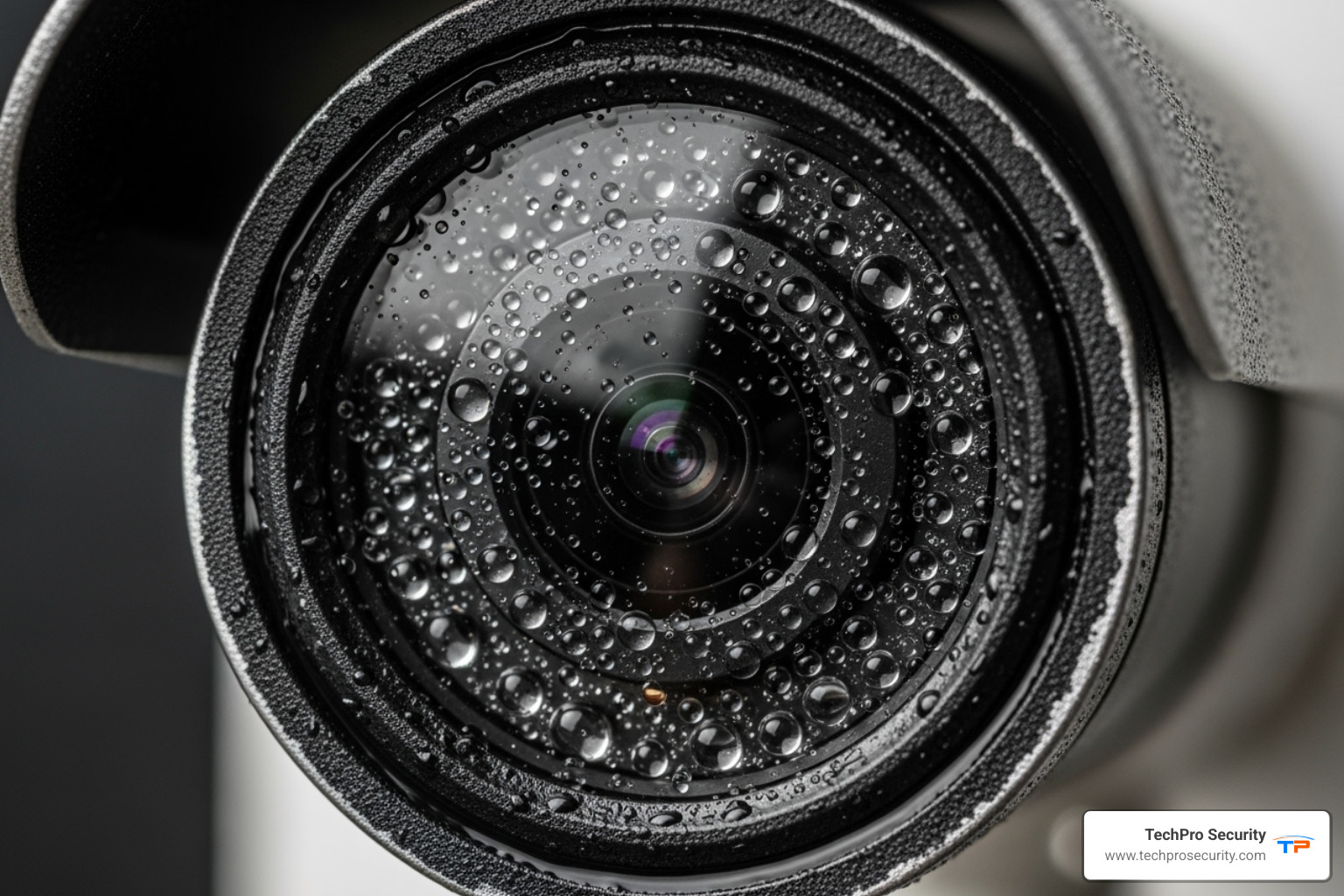 Rugged weatherproof camera lens with water beading on it - solar powered security camera for construction site Rugged weatherproof camera lens with water beading on it - solar powered security camera for construction site