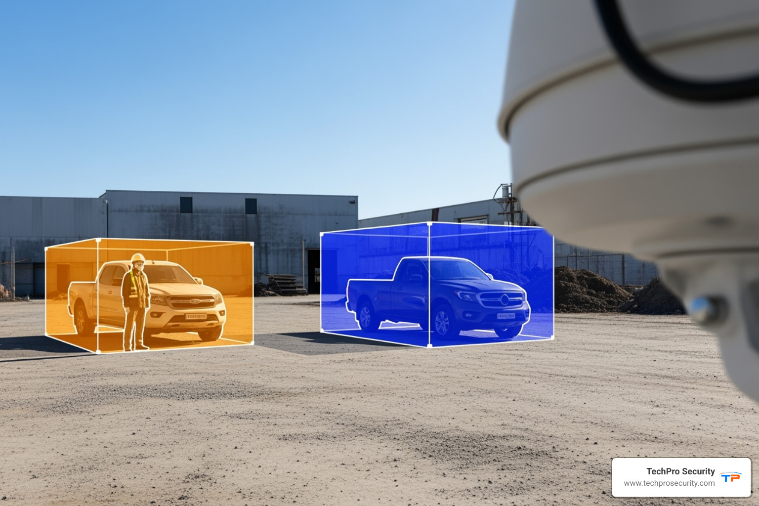 AI object detection highlighting person and vehicle - solar powered security camera for construction site AI object detection highlighting person and vehicle - solar powered security camera for construction site