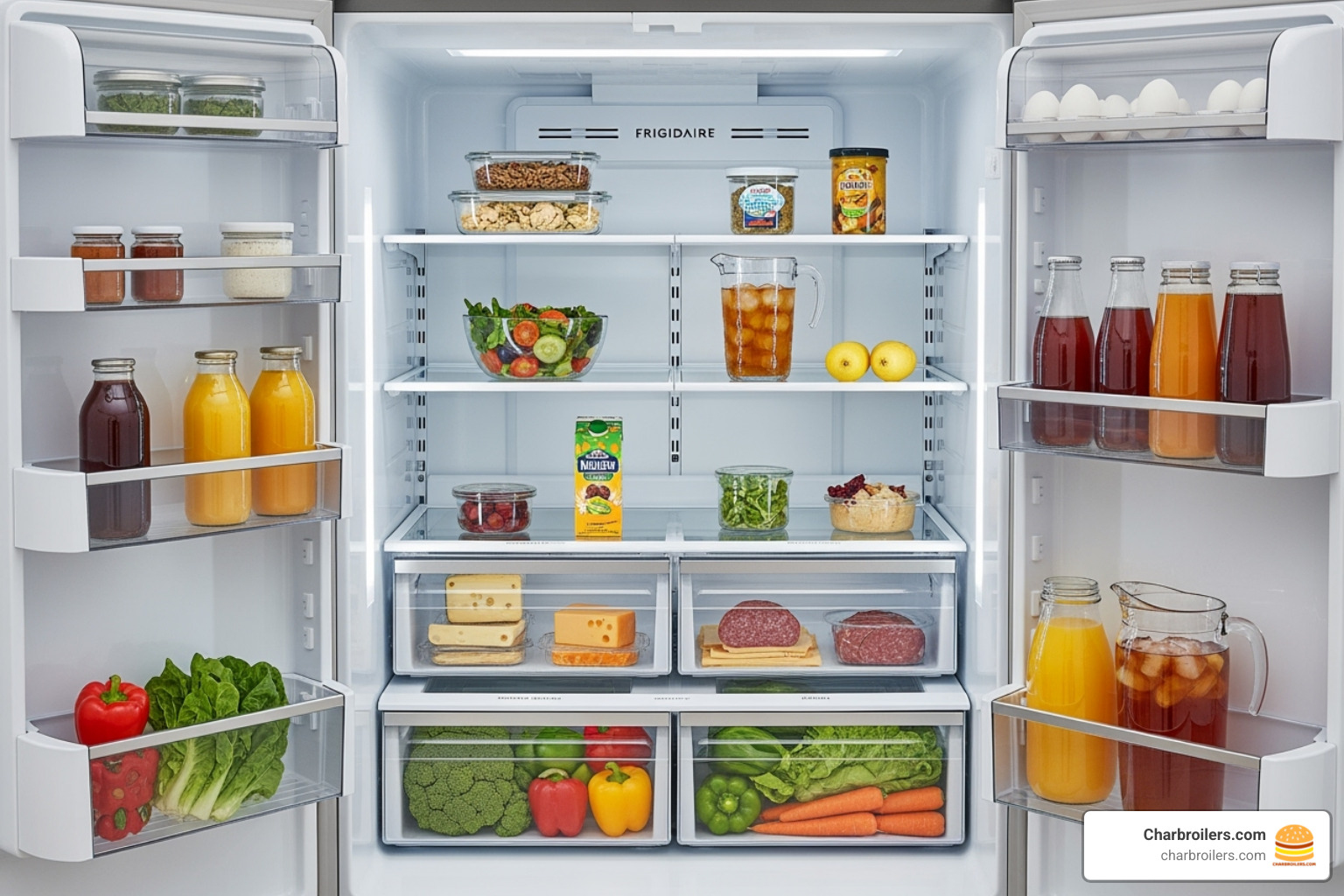 Interior of a Frigidaire refrigerator showing heavy-duty shelving, LED lighting, and SpaceWise organization system - frigidaire commercial fridge freezer Interior of a Frigidaire refrigerator showing heavy-duty shelving, LED lighting, and SpaceWise organization system - frigidaire commercial fridge freezer