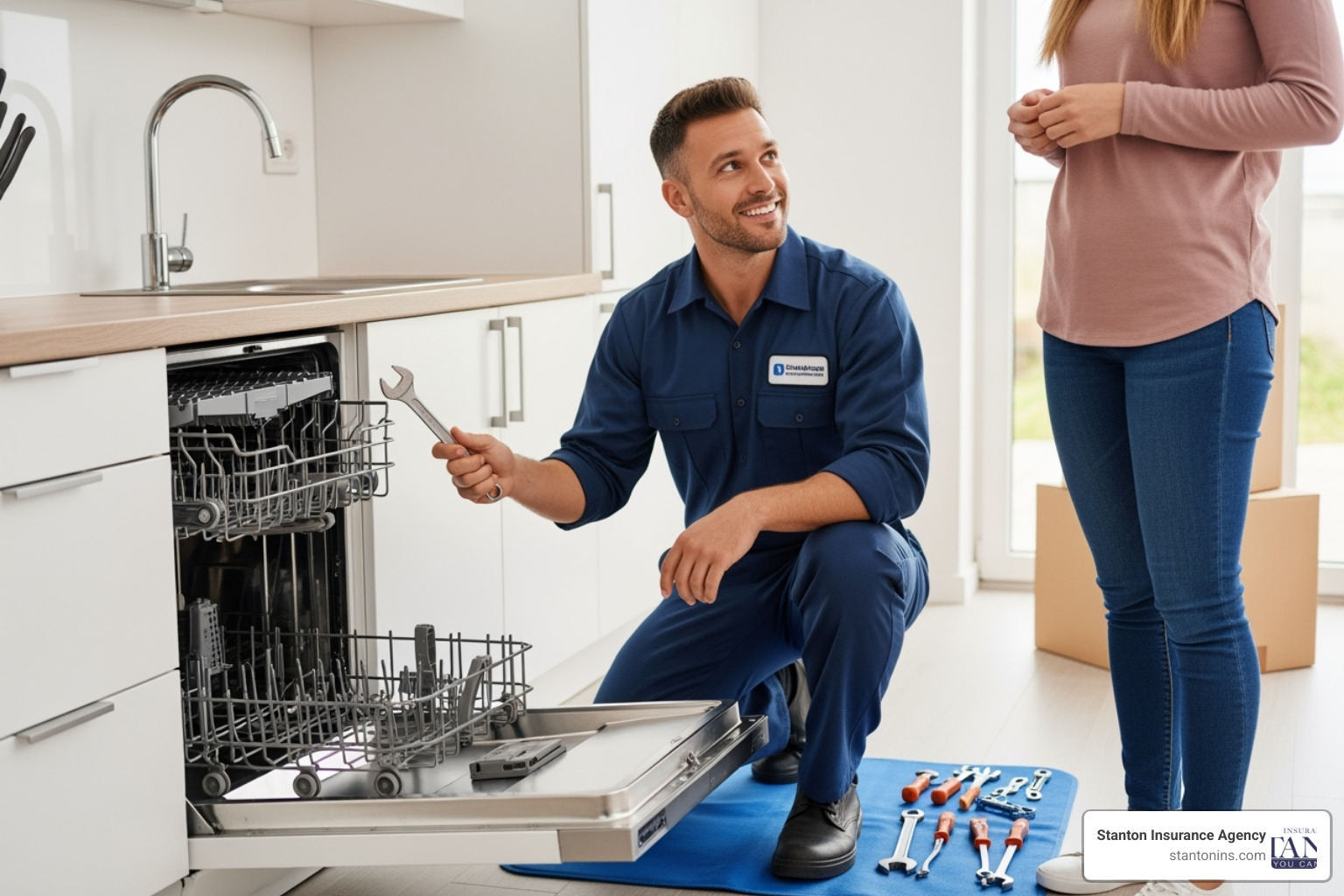 a friendly technician repairing a dishwasher in a rental unit - landlord kitchen appliance cover a friendly technician repairing a dishwasher in a rental unit - landlord kitchen appliance cover