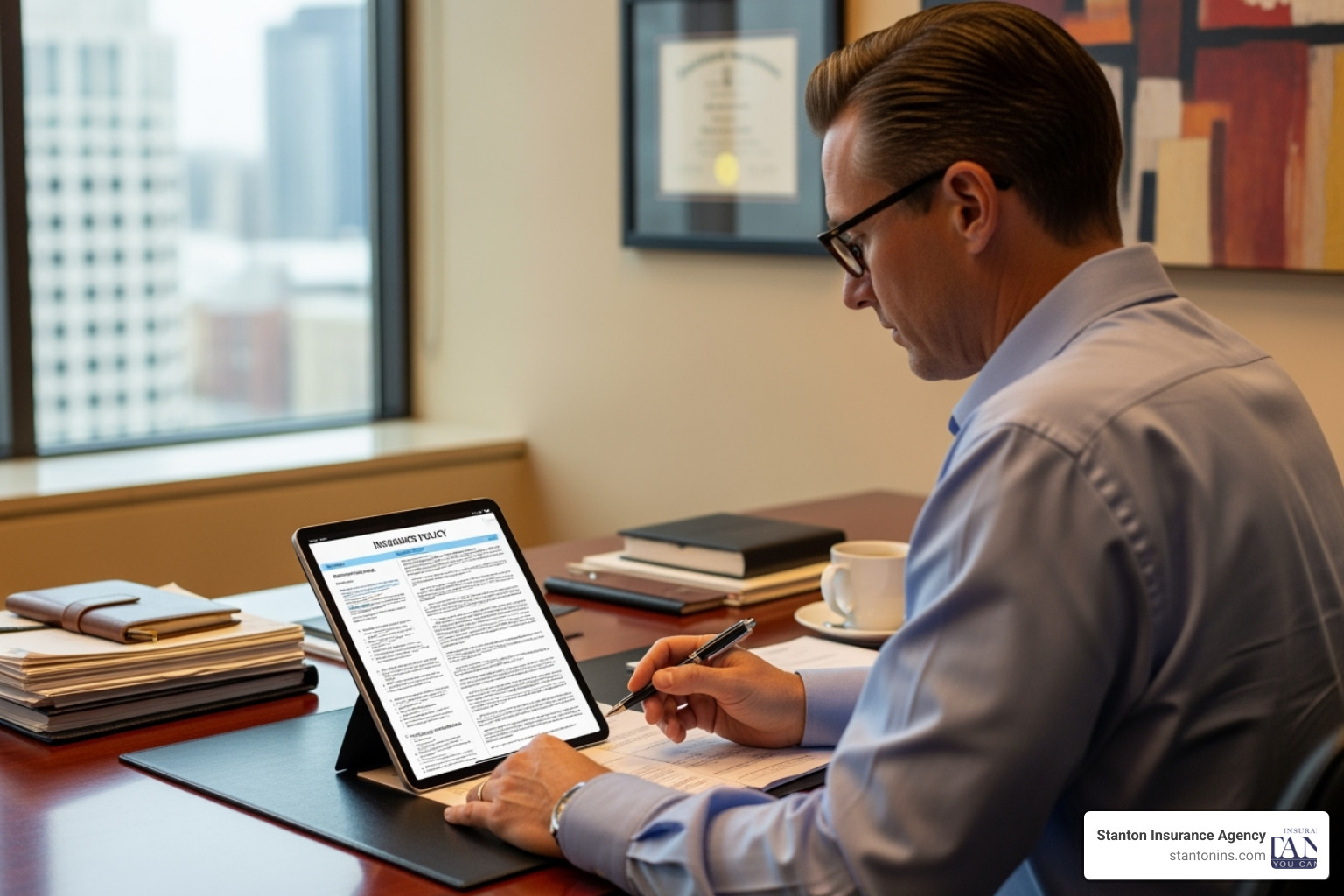 a landlord reviewing an insurance policy document on a tablet - landlord kitchen appliance cover a landlord reviewing an insurance policy document on a tablet - landlord kitchen appliance cover