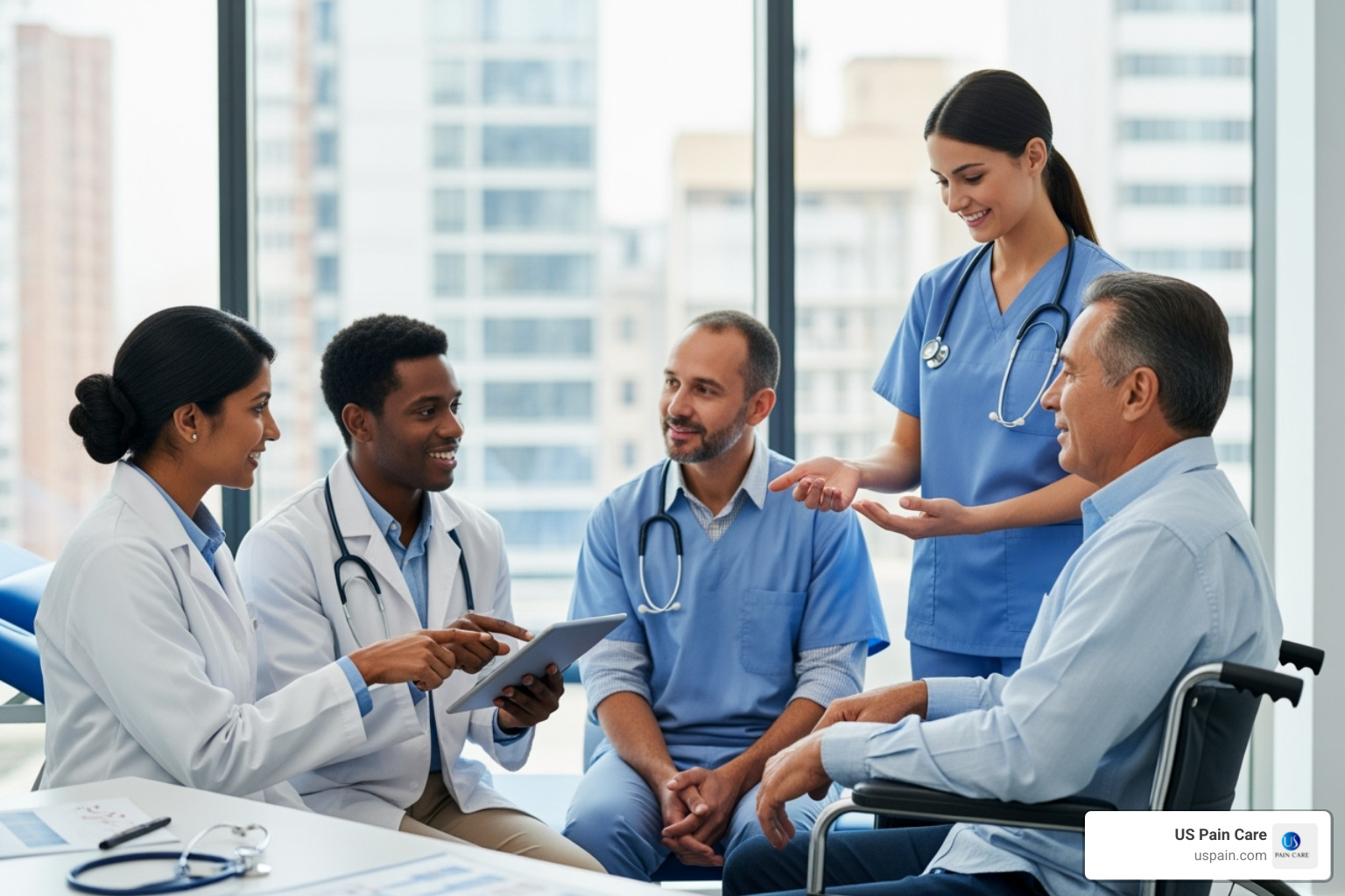 diverse healthcare team (doctor, psychologist, physical therapist) collaborating with a patient - behavioral health pain management
