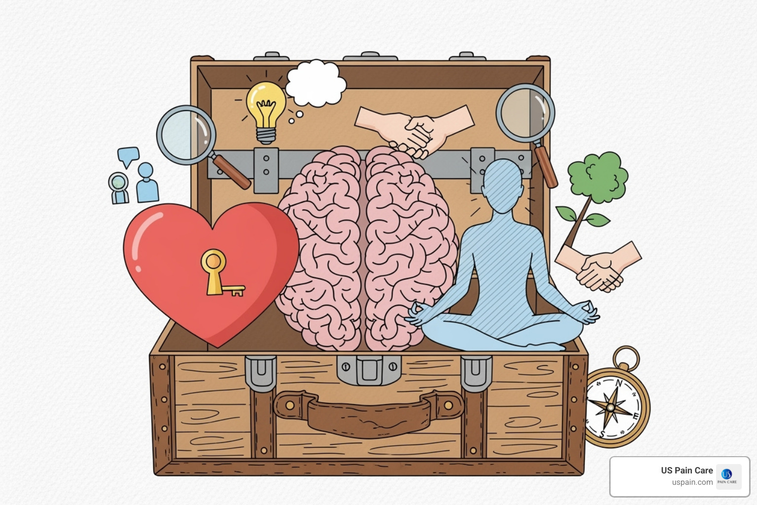 toolbox filled with icons representing different therapies (brain for CBT, heart for ACT, person meditating for MBSR) - behavioral health pain management