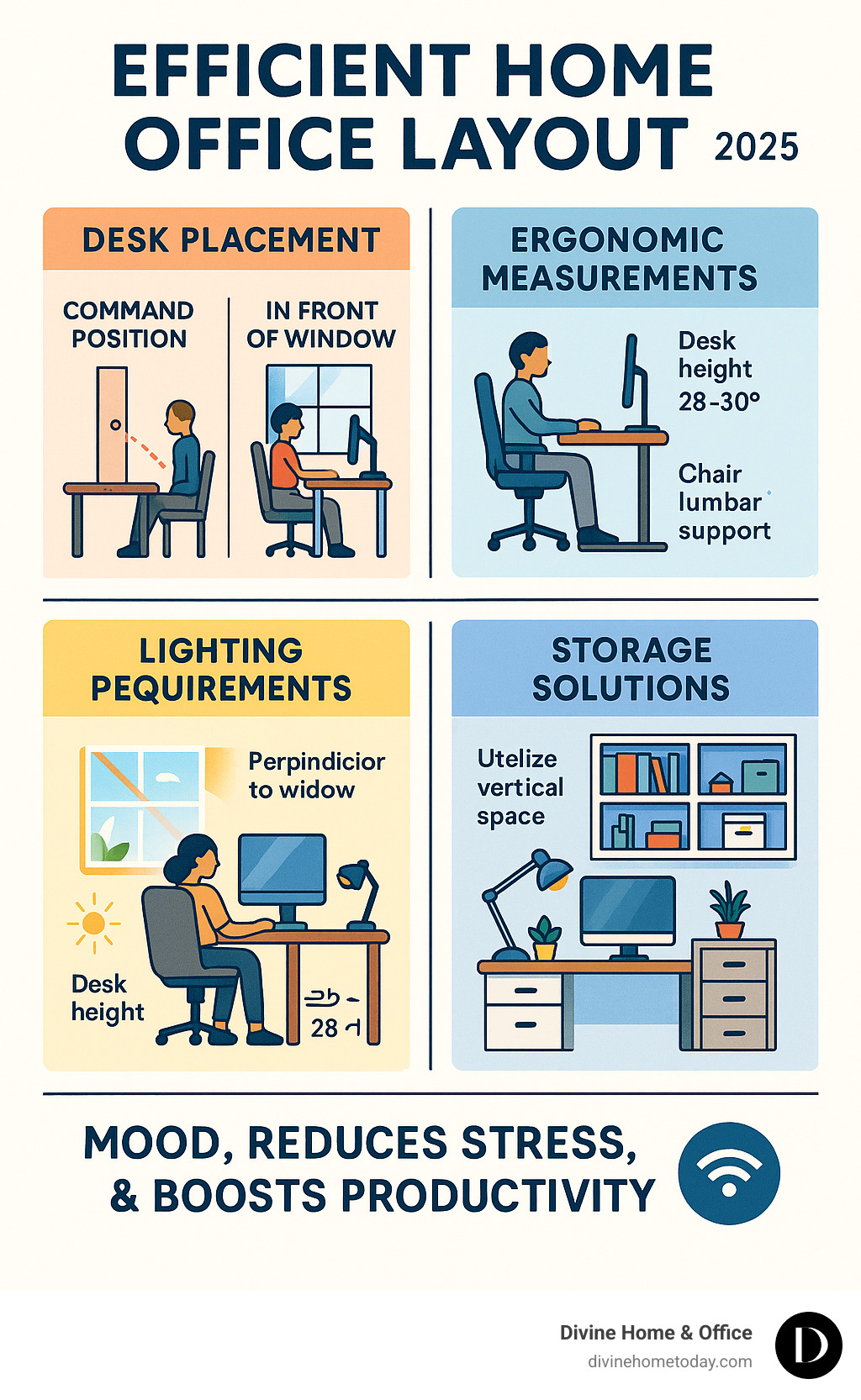 Infographic showing home office layout principles including desk placement options, ergonomic measurements, lighting requirements, and storage solutions with productivity statistics - efficient home office layout infographic Infographic showing home office layout principles including desk placement options, ergonomic measurements, lighting requirements, and storage solutions with productivity statistics - efficient home office layout infographic