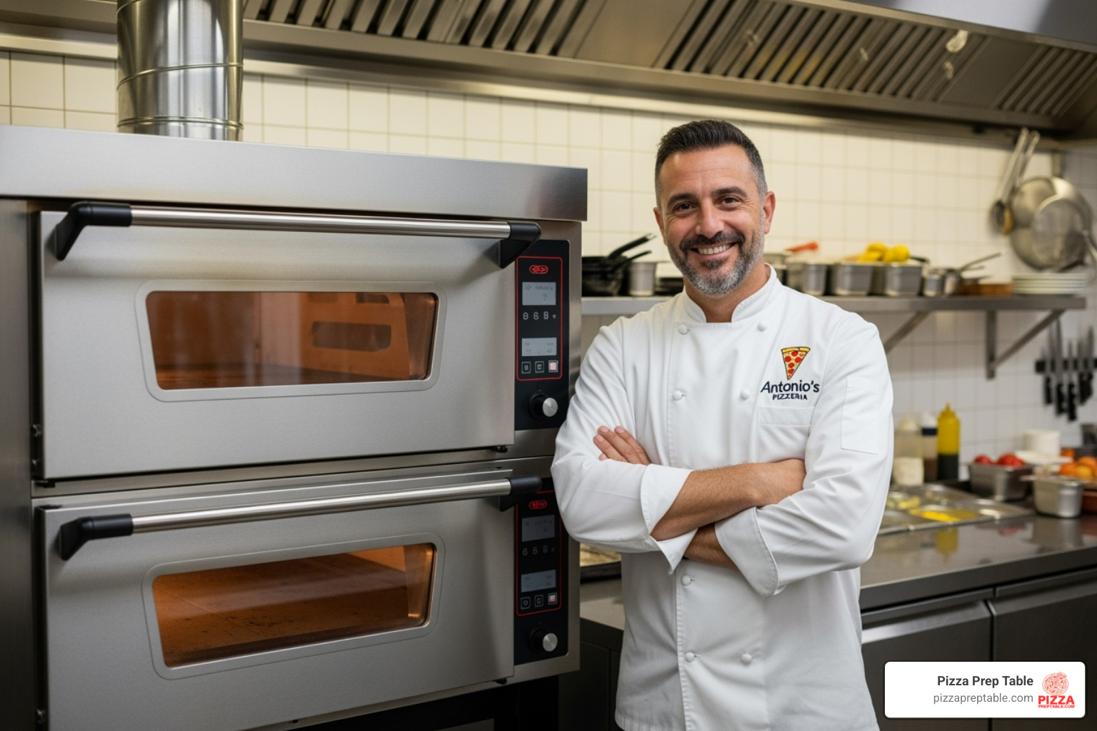 Restaurant owner smiling next to a new pizza oven - lease restaurant equipment no credit check Restaurant owner smiling next to a new pizza oven - lease restaurant equipment no credit check