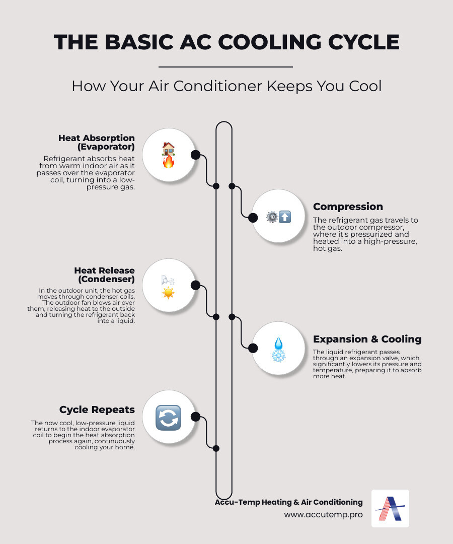 Infographic showing the air conditioning cooling cycle with outdoor fan removing heat from condenser coils while indoor blower circulates cool air through the home - AC fan not working infographic infographic-line-5-steps-neat_beige