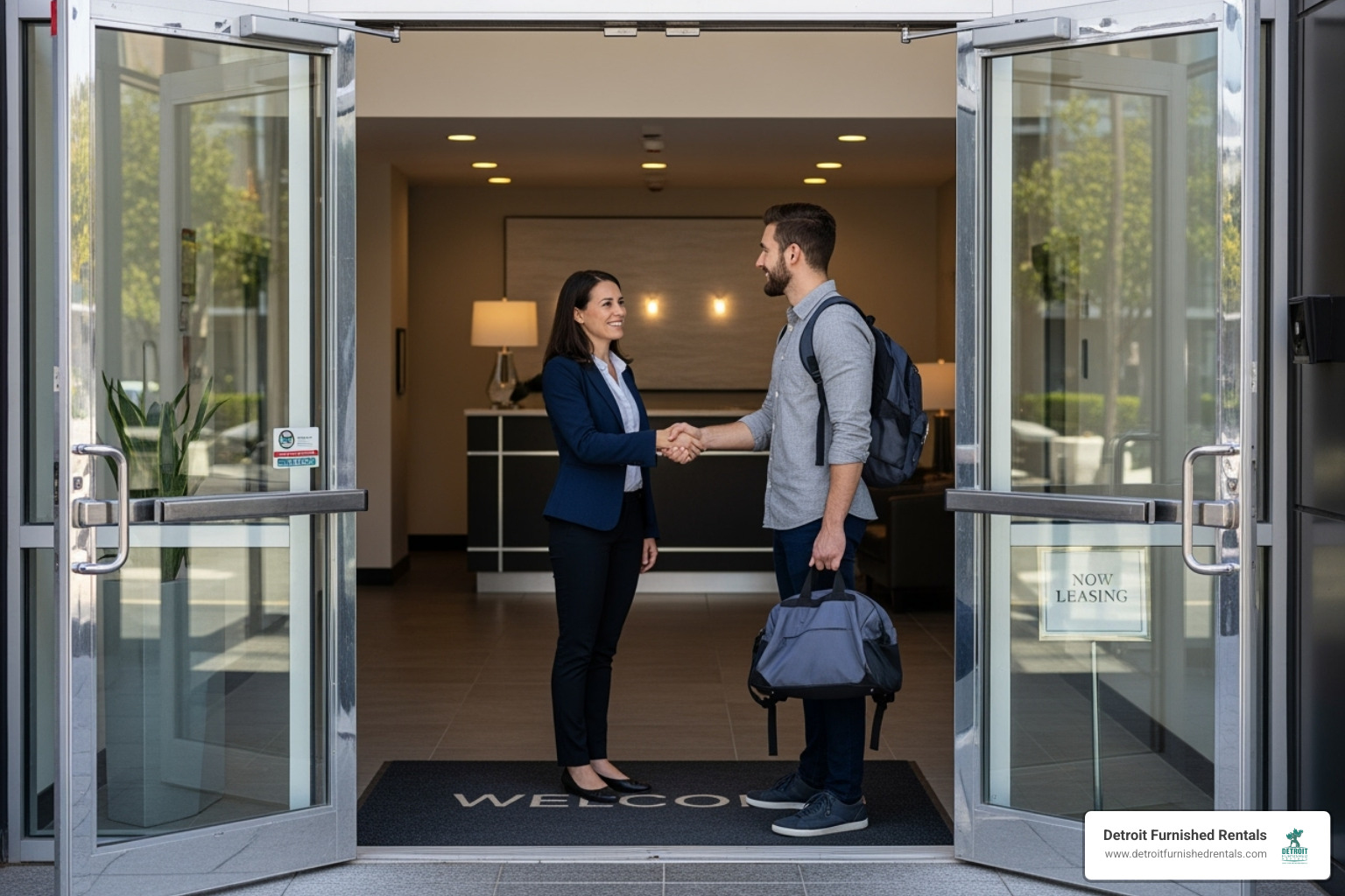 professional greeting a new tenant at an apartment building - company that furnished apartments professional greeting a new tenant at an apartment building - company that furnished apartments