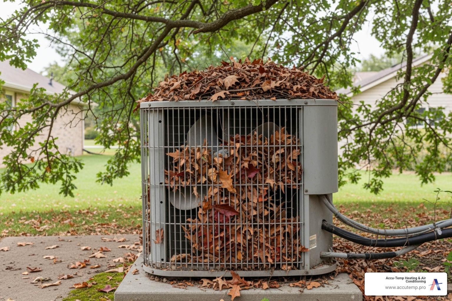 Image of debris and leaves inside an outdoor AC unit - AC fan not working