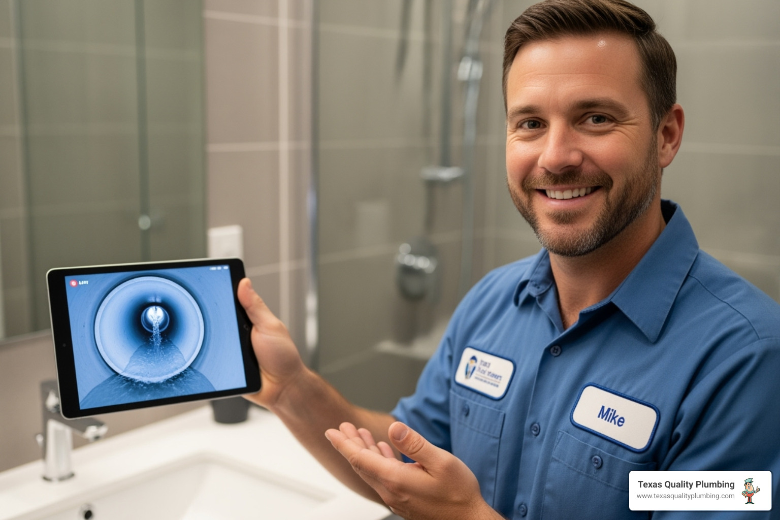 friendly, professional plumber with a tablet showing a clear pipe video - sewer camera inspection Cypress