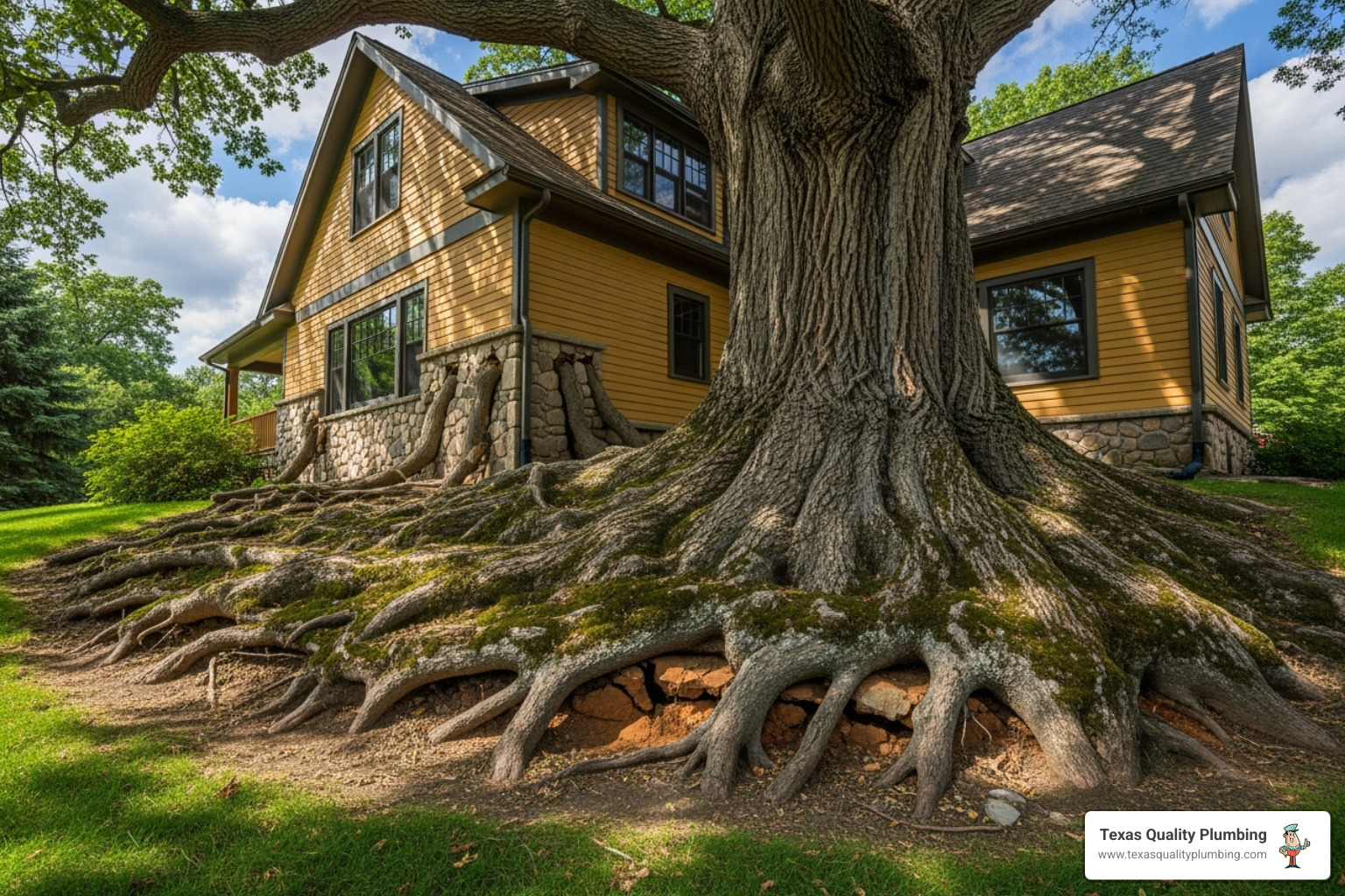 large oak tree near a house, hinting at root intrusion - sewer camera inspection Cypress
