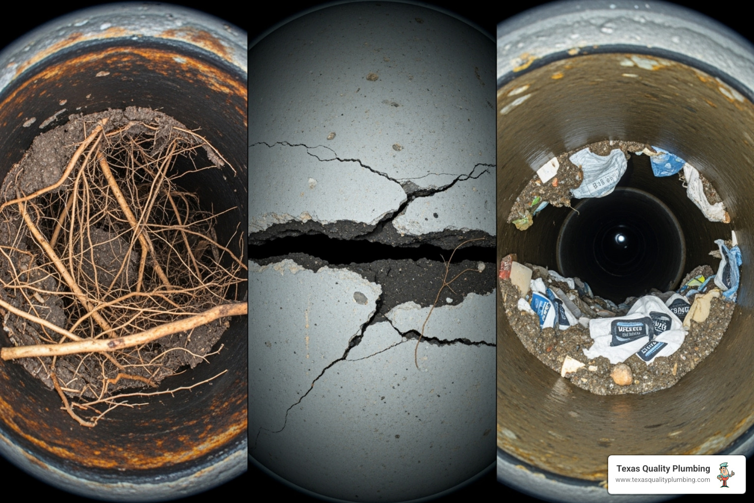 split-screen of different issues found by a sewer camera (roots, crack, blockage) - sewer camera inspection Cypress