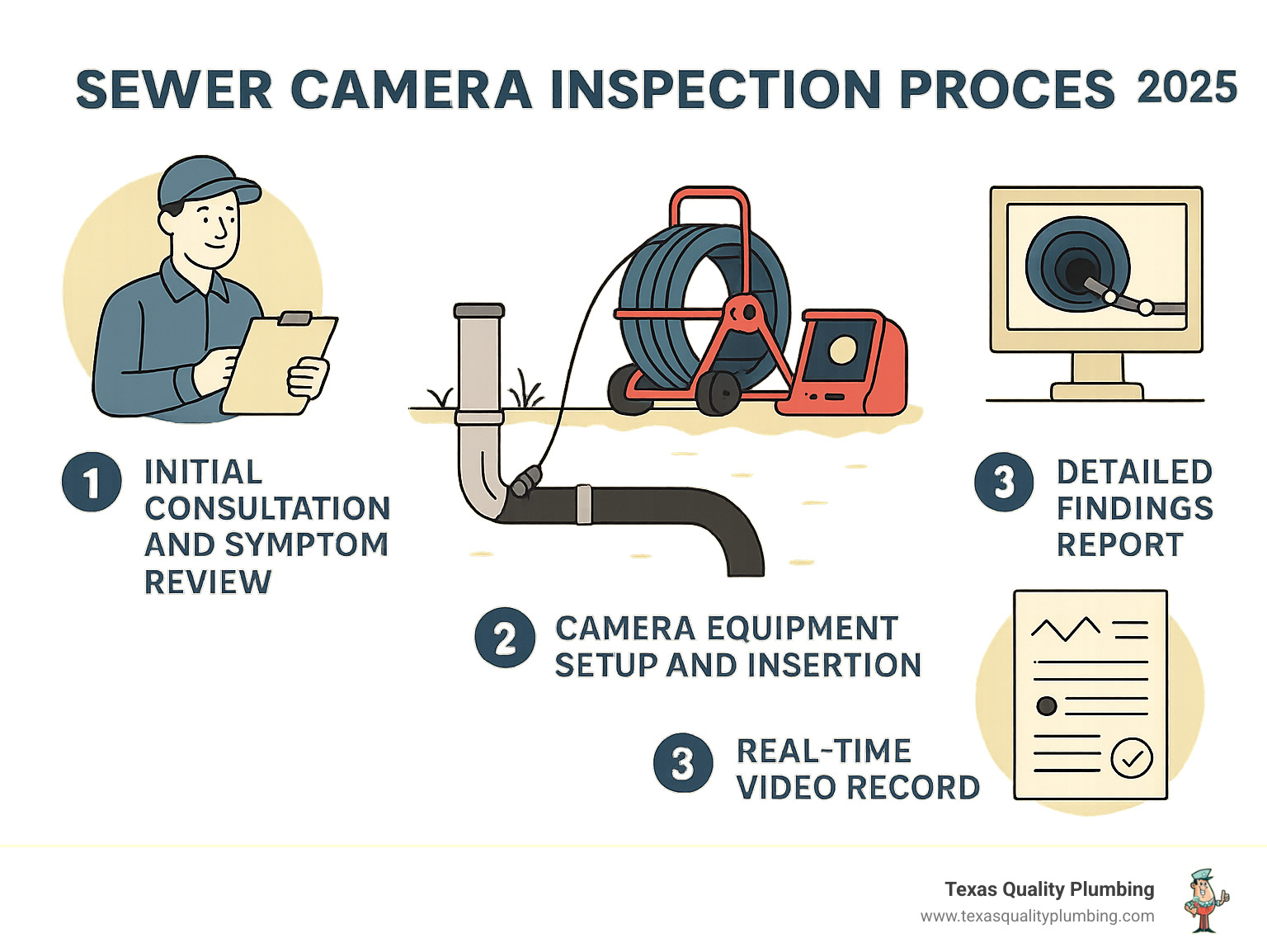Infographic showing the 4-step sewer camera inspection process: 1) Initial consultation and symptom review, 2) Camera equipment setup and insertion through cleanout access point, 3) Real-time video recording as camera steers through sewer lines, 4) Detailed findings report with specific problem locations and repair recommendations - sewer camera inspection Cypress infographic 