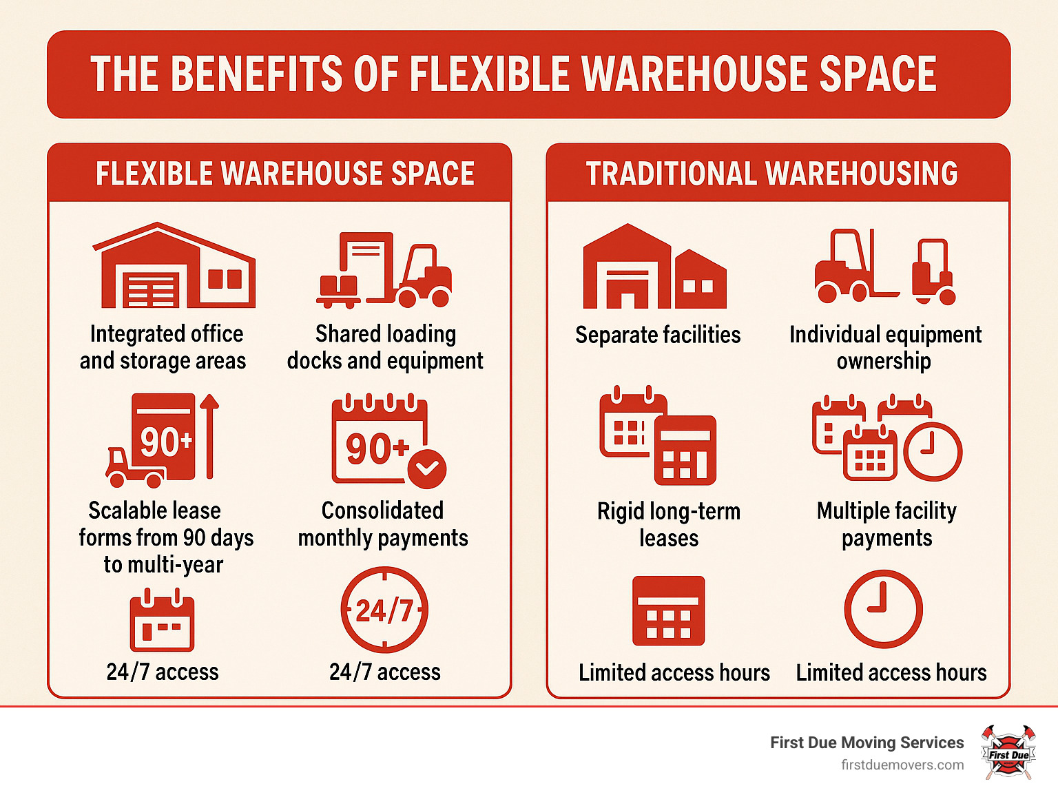 Infographic comparing flexible warehouse space benefits: integrated office and storage areas, shared loading docks and equipment, scalable lease terms from 90 days to multi-year, consolidated monthly payments, and 24/7 access versus traditional warehousing with separate facilities, individual equipment ownership, rigid long-term leases, multiple facility payments, and limited access hours - flexible warehouse space infographic  Infographic comparing flexible warehouse space benefits: integrated office and storage areas, shared loading docks and equipment, scalable lease terms from 90 days to multi-year, consolidated monthly payments, and 24/7 access versus traditional warehousing with separate facilities, individual equipment ownership, rigid long-term leases, multiple facility payments, and limited access hours - flexible warehouse space infographic
