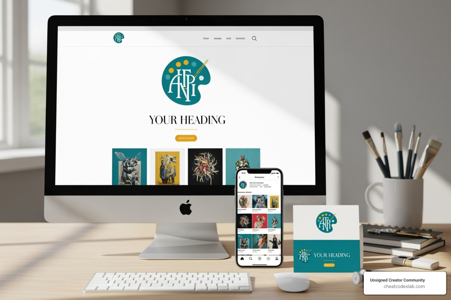 consistent artist brand across a website, social media profile, and business card - branding for artists