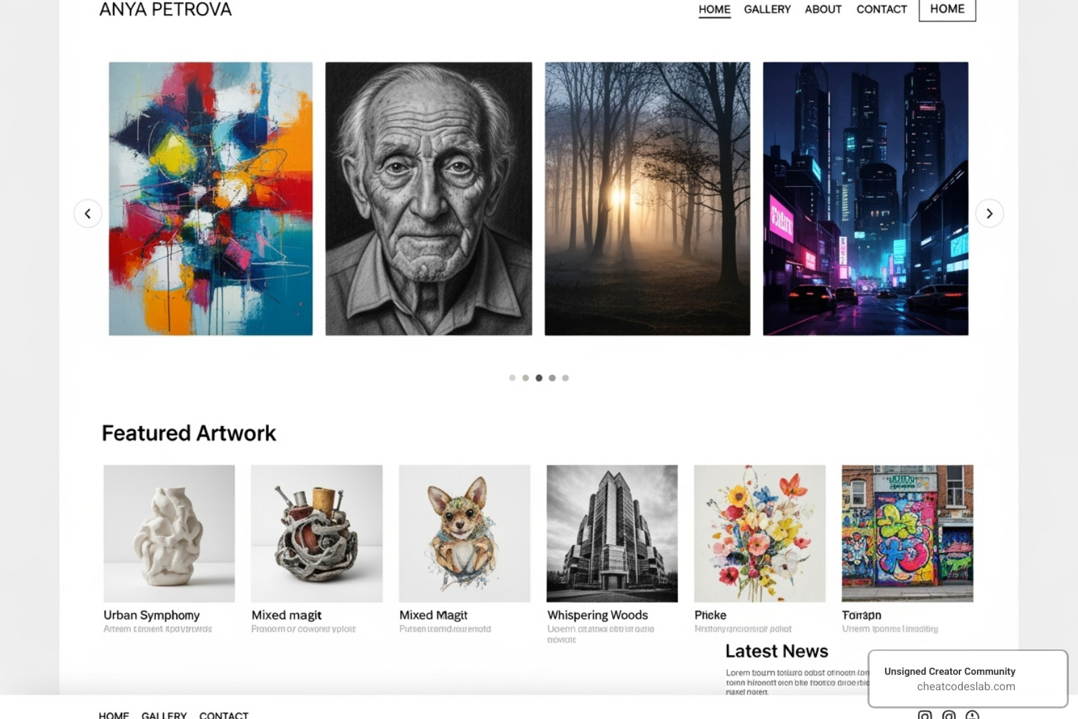 artist's professional website homepage - branding for artists