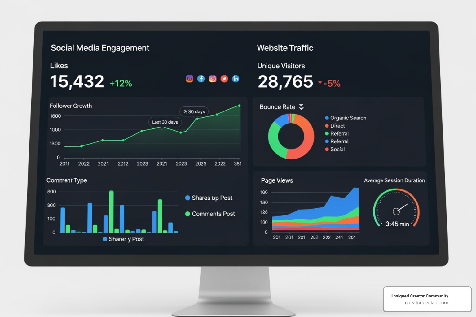 dashboard showing social media engagement and website traffic - branding for artists