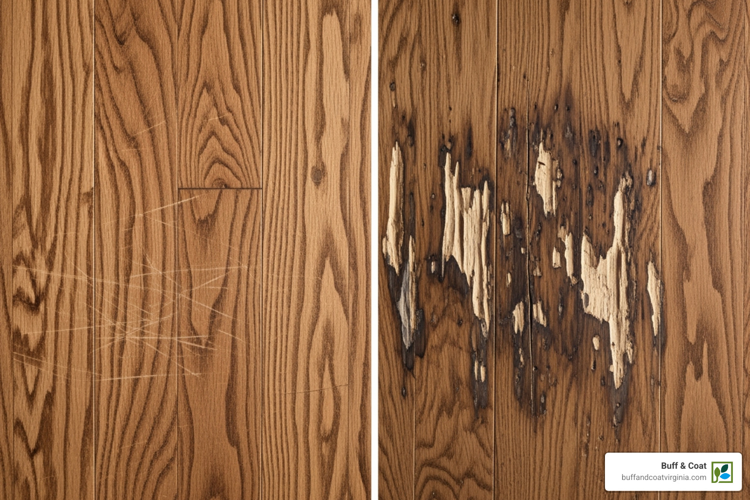 close-up comparison of light surface scratches versus deep gouges and water damage - no sand wood floor refinishing close-up comparison of light surface scratches versus deep gouges and water damage - no sand wood floor refinishing